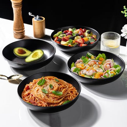 AmorArc 8.5 Inch Stoneware Pasta Bowls of 6, 32oz Large Bowls Set | Matte Black Wide Bowls for Kitchen Pasta,Salad,Oatmeal, Microwave&Dishwasher Safe - size: Set of 6