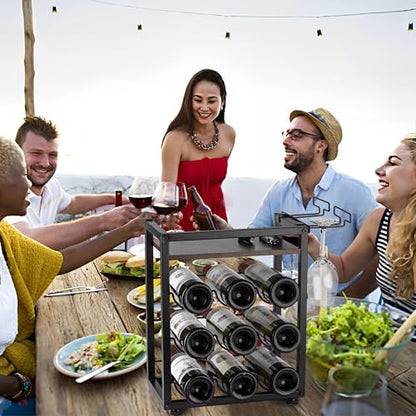 facka Wooden Countertop Wine Rack with Tray, Freestanding Wine Bottle Holder for 9 Bottles & 2 Glasses, Rustic Wine Stand for Home, Bar, Kitchen, Wine Cellar