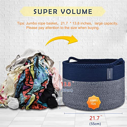 COMSE XXXLarge Woven Blanket & Laundry Basket, 87L, Navy Blue | 21.7" x 13.8", Cotton Rope, Nursery Hamper for Storage of Toys Clothes Towels, Ideal for Living Room Bedroom Bathroom - color: Navy Blue