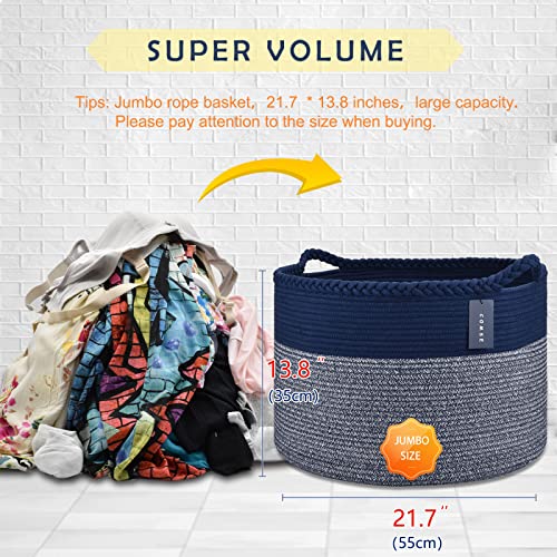 COMSE XXXLarge Woven Blanket & Laundry Basket, 87L, Navy Blue | 21.7" x 13.8", Cotton Rope, Nursery Hamper for Storage of Toys Clothes Towels, Ideal for Living Room Bedroom Bathroom - color: Navy Blue