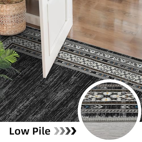 Modern 2x6 Rug Runners for Hallways Non Slip, Bordered Solid Washable Area Rug Stain Resistant Non Shedding Throw Rugs, Foldable Low Pile Thin Carpet for Entryway, Kitchen, Bedroom, Black | Solid Washable Low Pile Stain Resistant Non Shedding Foldable Thi