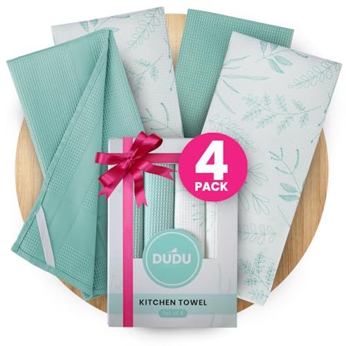 DUDU Home Turquoise Green Kitchen Towels with Hanging Loop, Quick Dry Towel, Decorative Set of 4, Premium Waffle Weave Microfiber, Floral, 16 x 24, Modern - color: Turquoise, style: Modern