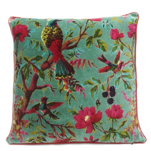 Velvet Floral Flower Bird Throw Pillow Sofa Cushion Cover Case Couch Colorful Boho Chic Bohemian Accent Indian Handmade (Green, 16" x 16") - color: Dark Green, size: 16" x 16" (Pack of 1)