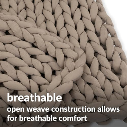 Chunky Knit Weighted Blanket - Breathable, Cooling, Hand Made Knit Throw Blanket for Sleep for Relaxation - Machine Washable, Stylish Design (Taupe, Throw | 12lbs | 44"x60") | Soft jersey-knit Taupe shell, 100% recycled hypoallergenic fill. Cooling weight