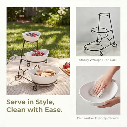 Covzoe 3 Tiered Chip and Dip Serving Set with Metal Stand | Ceramic Appetizer Bowls for Party, Food Display Platter Serving Dishes for Fruit Dessert Snacks