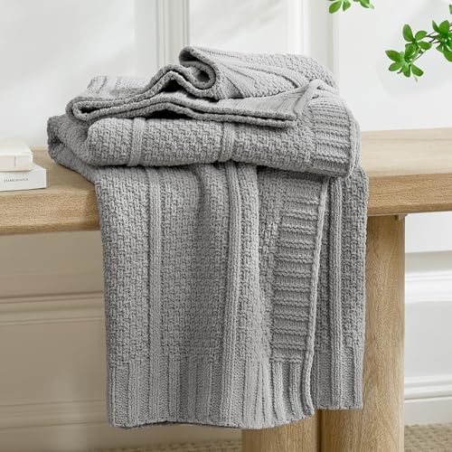 Premium Chenille Throw Blanket, Soft Cozy Moss Stitch Knit Blanket for Couch, Sofa, Chair, Home Decor, Grey 50"x60" - color: Grey, size: 50" X 60"