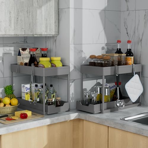 DEKAVA 2 Pack Under Sink Organizer, 2-Tier Sliding Cabinet Basket, Grey - color: Grey