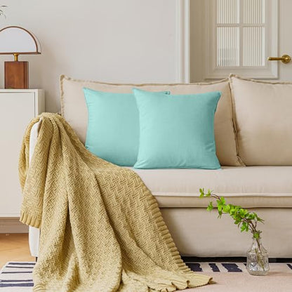NiNi ALL Outdoor Waterproof Throw Pillow Covers Set of 2 Decorative Farmhouse Garden Pillowcase Solid Cushion Cases for Patio Tent Couch 18x18 inch Lake Blue | Faux Linen Decorative Solid Throw Pillow Covers Farmhouse for Garden Furniture Tent Balcony Cou
