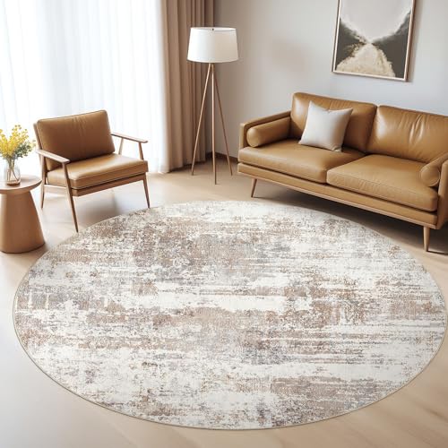 LOONGRUG Round Rug 5x5 Washable Neutral Modern Circle Area Rugs Brown | Abstract Soft Stain Resistant Non-Slip Indoor Carpet for Bedroom Nursery Office Dining Room Dorm Home House - color: Abstract Grey Brown, size: 5' x 5' (Round)