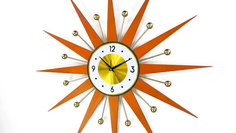 30" 27" 25" Burnt Orange Atomic Wall Clock Starburst Clock Brass Gold Large Clock Vintage Modern Industrial Clock (Brown,25in)