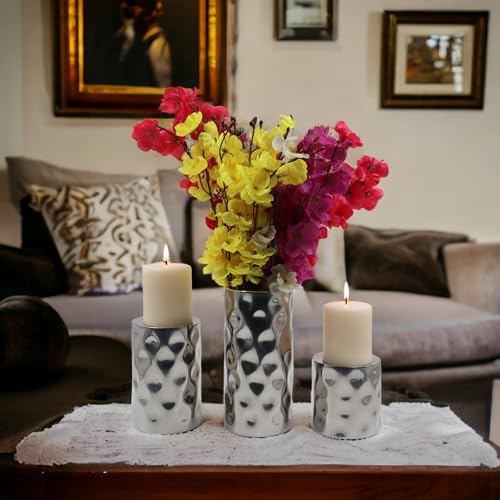 Hosley Silver Color Pillar LED Candle Holders/Vases Set of 3. Also usable as Vase. Ideal Gift for Wedding Party Home SPA Aromatherapy Reiki Candle Garden O3 - size: 3 Count (4" High, 6" High, 8" High)