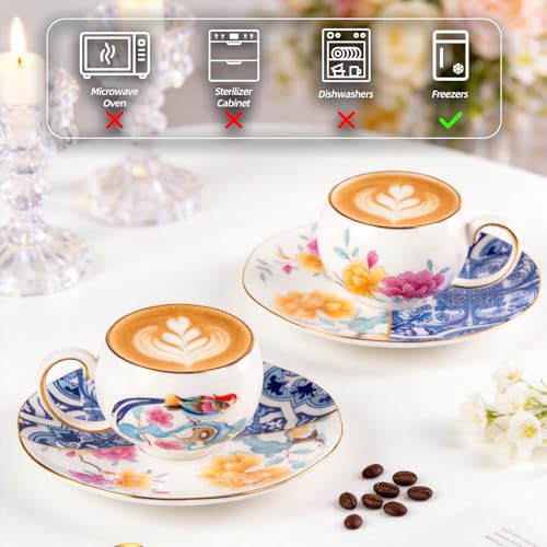 KAMMAK Tea Cups and Saucers Set of 2, Fine Bone China Coffee Cups, GH015 | Stackable Espresso Mugs, Ceramic Demitasse for Coffee, Cappuccino, Latte, Americano, Tea - size: 8KPGH015