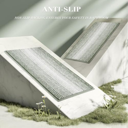 Bathroom Rugs Sets 3 Piece, Toilet Rugs U-Shaped Contour Bath Mat Set, Striped Absorbent Non Slip Chenille Shower Mat, Greyish Green - color: Greyish Green, size: 20"x32"+16"x24"+U Shape 20"x24"