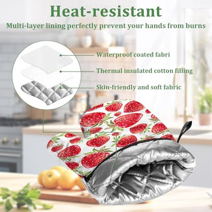 Watercolor Strawberry Oven Mitts and Pot Holders Set 4 Pcs Extra Long Heat Resistant Gloves Potholder for Baking, BBQ, Grilling - color: Watercolor Strawberry