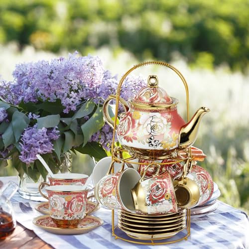 Zhehao 20 Pcs Porcelain Tea Set with Metal Holder and Spoon Adult Ceramic Tea Set European Flower Painting Teapot Cup Saucer Spoon for Women Mom Gift, Large Version (Noble Style) - color: Noble Style