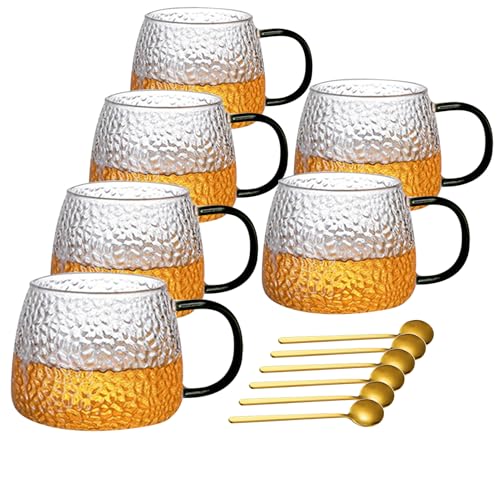 Viovian 15oz Vintage Glass Coffee Mugs Set of 6 Coffee Cups With Handles | Embossed Glass Mug for Hot Cold Beverage Clear Tea Cup for Women Birthday Gifts - color: Vintage glass mug set of 6