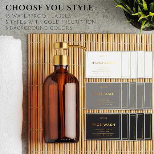 Glass Soap Dispenser Set of 2 (Amber) with Silicone Tray | Hand and Dish Soap Dispenser for Kitchen and Bathroom | 16.8 Oz Glass Bottles with Stainless Steel Pump & 15 Waterproof Labels (Amber/Gold) - color: Amber/Gold