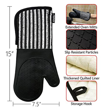 Alselo Silicone Oven Mitts Heat Resistant 932℉ with Waterproof & Non-Slip | Kitchen Mittens Set of 2,Extra Long 7.5"x15" Oven Gloves with Soft Cotton Terry Lining for Baking Cooking BBQ(Black,2) - color: Black
