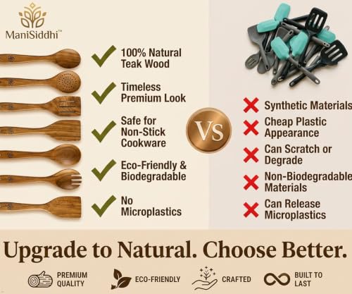 Teak Wood Cooking Utensil Set 8 Piece, Home essentials cookware set,Kitchen Utensils with Holder Wooden Spoons & Spatula for Cooking Nonstick Cookware,Safe, Non Toxic, Handcrafted
