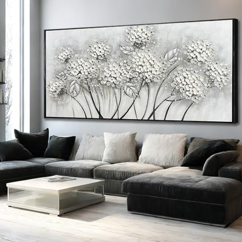 Kureful Grey and White Hand Painted Wall Art Flower Canvas Artwork Contemporary Oil Paintings 40"x86" Decorations for Bedroom Office - color: White, size: 86"L x 40"W