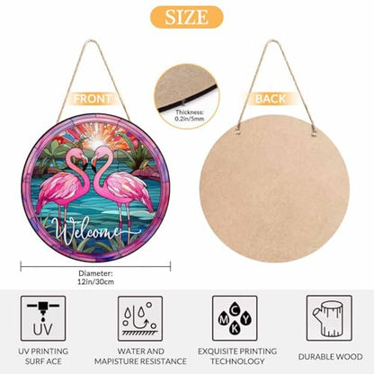 Welcome Porch Wood Sign Flamingos by The Sunset River Round Hanging Plaque Sign for Porch Yard, Housewarming Present, 12x12inch - color: Style 10