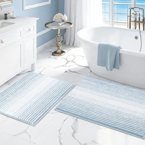 Bathroom Rugs and Mats Sets, 2 Piece Thick Absorbent Chenille Bath Mat Rug Set Non Slip, Soft Shaggy Bath Room Floor Mats for Bathroom, Machine Washable (20" x 32" Plus 16" x 24",Ice Blue) - color: Ice Blue, size: 20" x 32" Plus 16" x 24"