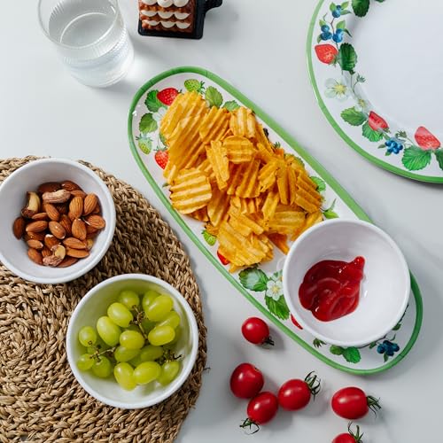 LEHAHA Strawberry Melamine Chip and Dip bowl Serving platter, Set of 3. Rectangular serving platter and small serving bowl sets. Round Dipping Dishes for Condiments, Pre, Dessert, Salsa, Entertaining - color: Strawberry