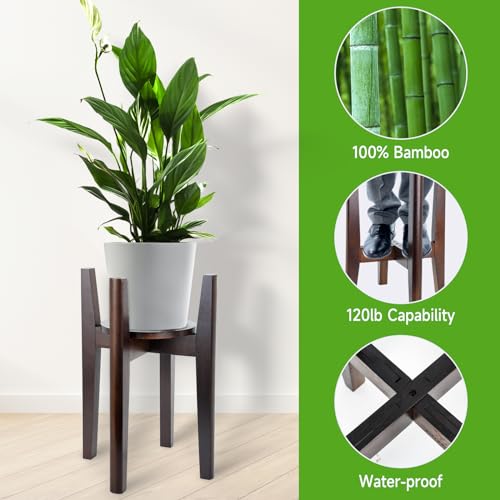 Adjustable Plant Stand with Tray,Indoor Wood Plant Stand Fit 8'' to 12'' Planter,Mid Century Modern Flower Pot Holder Rack(Plant and Pot Not Included) - color: Walnut, size: 1 PACK