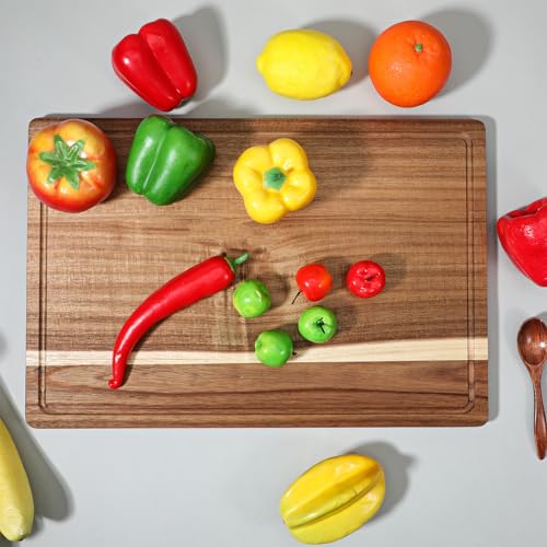 17.3x11.8 Inch Acacia Wood Cutting Boards for Kitchen, Reversible Wooden Chopping Board Large Wooden Charcuterie Board with Deep Juice Grooves & Non-Slip Handle for Meat Turkey Fruit and Cheese