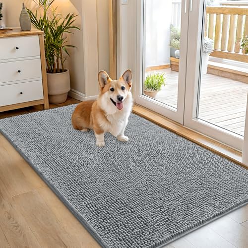 OLANLY Dog Door Mat for Muddy Paws 54x32, Super Absorbent Chenille Mud Mat | Grey, Absorbs Moisture and Dirt, Non-Slip Machine Washable Doormat, Quick-Drying Indoor Entryway Floor Carpet for Dogs - color: Grey, size: 54" X 32"