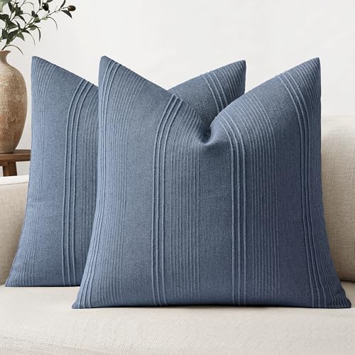 MIULEE Decorative Striped Throw Pillow Covers 18x18 Inch Blue 2 Pack | Textured Linen Pillow Covers, Farmhouse Cushion Cases for Couch Sofa Bed Livingroom Home Decor - color: Blue, size: 18" x 18" (Pack of 2)