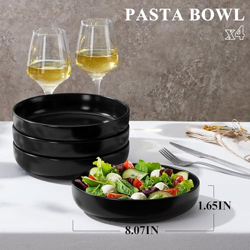 E-far Stoneware Pasta Bowls Set of 4, 35oz Double Reactive Black Glaze | Wide & Shallow Ceramic Pasta Plates for Serving Salad Soup Dinner, Dishwasher & Microwave Safe, Matte Black - color: Matte Black