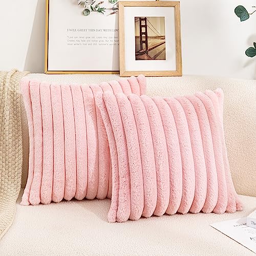 Uhomy Set of 2 Faux Fur Home Decorative Throw Pillow Cover Luxury Super Soft Fuzzy Striped Furry Pillowcase for Sofa Couch Bedroom Comfy Thick Fluffy Plush Cushion Cover 16x16 Inch Light Pink 40x40 cm - color: Light Pink, size: 16" x 16" (Pack of 2)