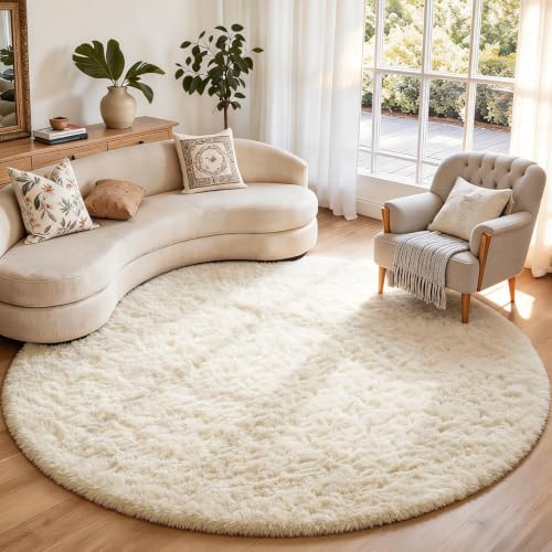 Ophanie Round Rugs 7Ft Ivory Circle Area Rug Washable, Living Room Aesthetic Decor, Fluffy Fuzzy Bedroom Carpet, Plush Soft Shaggy Cream Rugs for Kids Home Decor, Nursery with Over 99 pcs Pile fibers - color: 2- Ivory, size: 7' (Round)