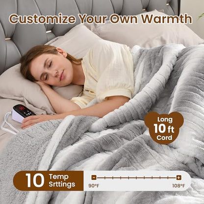 Bearhug Electric Blanket Full Size 77" x 84", 10 Heat Settings Heated Blanket, 1-12 Hour Auto Shut-Off, Faux Fur & Sherpa Dual-Sided Heating Blanket, Machine Washable, Gift-Ready Elegant Packaging - color: Silver Shade Gradient Stripe, size: Full Size 77"