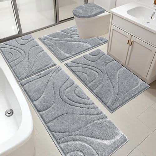 HEBE Bathroom Rugs Sets 5 Piece, Non Slip Washable Absorbent Bath Mat Set | Super Soft Plush Microfiber Bathroom Mats with Runner Set, Solid Bathmat with U-Shaped Toilet Rug Cover Set for Tub, Shower - color: Light Grey, size: 18"x26"+20"x32"+20"x48"+U20"
