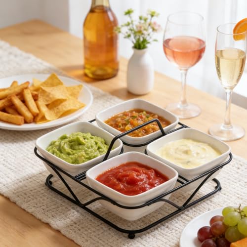 Pumtus Ceramic Divided Serving Dishes, 4 Removable Snack Bowls with Metal Stand, 9 Inch Appetizer Platter with Handle, Dip Bowls for Party, Condiment Serving Relish Tray for Chips & Dips, Nut, Candy