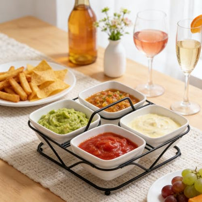 Pumtus Ceramic Divided Serving Dishes, 4 Removable Snack Bowls with Metal Stand, 9 Inch Appetizer Platter with Handle, Dip Bowls for Party, Condiment Serving Relish Tray for Chips & Dips, Nut, Candy