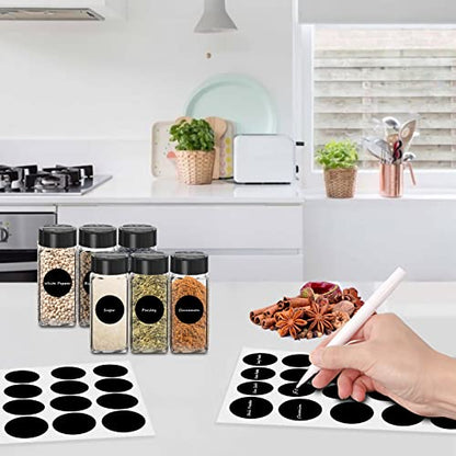 Saiveina 12 Pack Glass Spice Jars with Labels, 4oz Spices Containers Spice Jars with Black Shaker Lids, Empty Containers for Spice, Silicone Funnel and Pen Included