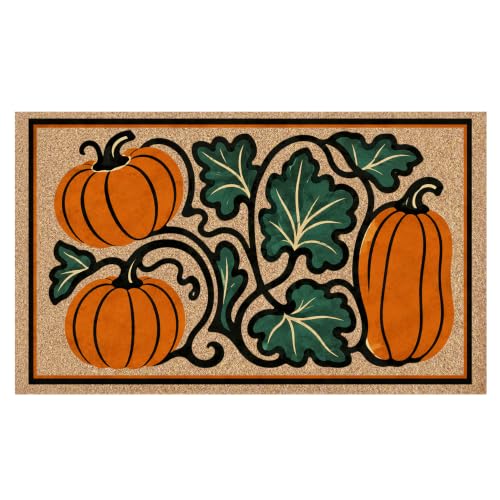 Rustic Fall Pumpkin Faux Coco Coir Doormat Door Mat 17x30 | Cottagecore Botanical Autumn Pumpkin Decorative Welcome Doormat for Home Indoor Outdoor Porch Front Door Entrance Outside - color: Fall Pumpkin