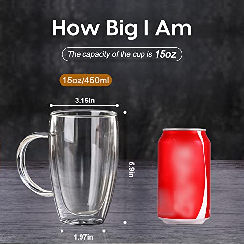 15 Oz Double Walled Glass Coffee Mugs, 2 Packs Clear Coffee Mugs with Lids Insulated Coffee Cups with Handle Perfect for Cappuccino,Tea,milk ,Espresso,Latte, Hot Beverage Set of 2 (Glass lid, 15oz) - color: 15oz
