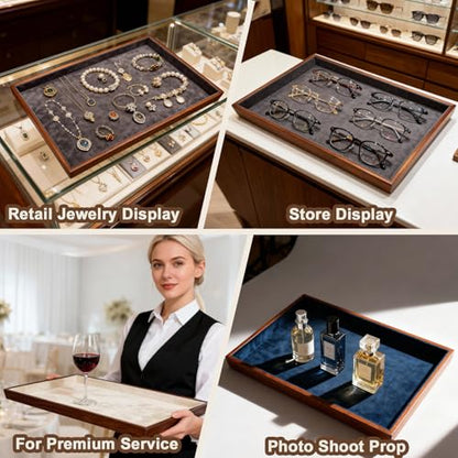 Large Solid Wood Jewelry Watch Tray, Velvet Jewelry Board Display Trays for Key Wallet Ring，Stackable Wooden Jewelry Drawer Organizer Showcase Jewelry Holder(Beige) - color: Beige