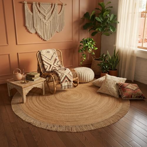 Hand Woven Jute Round Rug, Natural Reversible Boho Area Rug for Entryway, Kitchen, Living Room and Bedroom I Farmhouse Indoor Floor Rug - 6ft, Circular - size: 6' (Round)