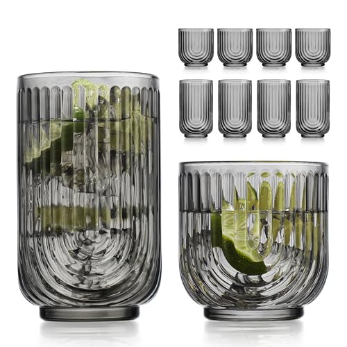Glaver's 8 Piece Smoke Glassware Set, Art Deco Black Drinking Glasses, Ribbed U-Shape Design, 4 Highball 17oz and 4 Whiskey 11oz DOF Arch Drinkware - style: Smoke S/8 17oz 11oz
