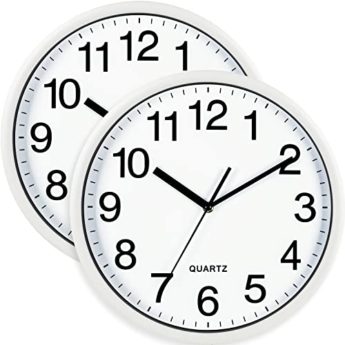 Bernhard Products White Wall Clocks Large 13 Inch, Silent Non Ticking 2 Pack, Quality Quartz Battery Operated Round Easy to Read Home/Office/Business/Classroom/School Clock, Black - color: White, size: 13 Inch - 2 Clocks