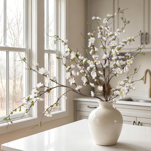 Artificial Plum Blossom Fake Cherry Blossom Branches Fake Flowers Artificial Flowers 4PCS 35.4'' Long Stem Artificial Flowers for Tall Vase Silk Flowers for Indoor Home Decor (White) No Vase - color: White