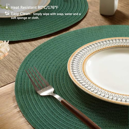 FunWheat Round Braided Placemats Set of 6 Place mats for Dining Tables Woven Heat Resistant Table Mats 15 inch (Dark Green) - color: Solid Dark Green, size: 6pcs