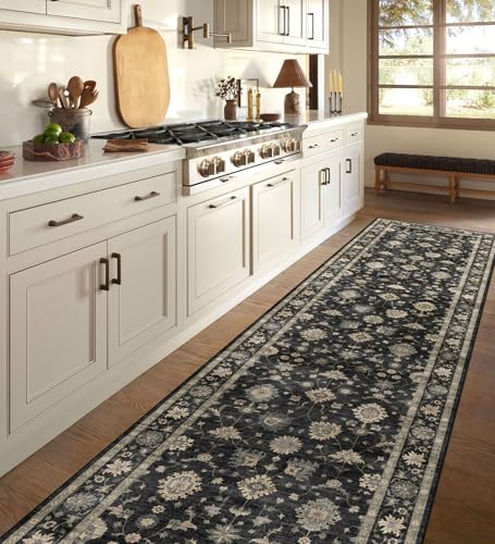 LUXRUG Kitchen Runner Rugs Non Skid Washable - 2.5x8ft Long Charcoal Black | Boho Farmhouse Hallway Runner Rug Low Pile Vintage Moody Floral Carpet for Hallway Laundry Room Entryway Bedroom Foyer - color: Charcoal Black, size: 2'6" x 8' (Rectangular)
