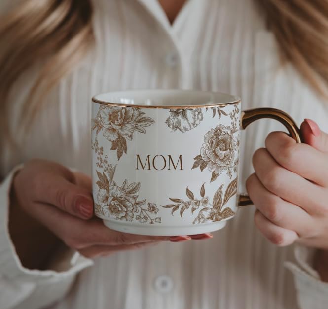 Sweet Water Decor Delft Mom Mug, 14oz Fine Bone China Tea Cup for Hot & Cold Drinks, Gifts for Women, Coffee Mug with Gold Handle & Rim, Gift for Mom's Birthday & Christmas - style: MOM