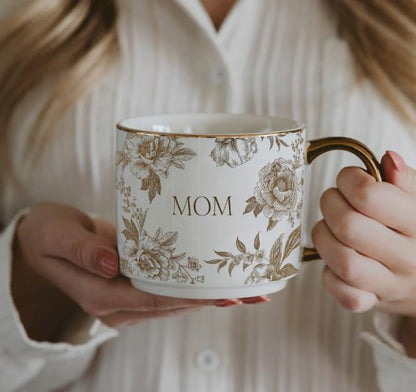 Sweet Water Decor Delft Mom Mug, 14oz Fine Bone China Tea Cup for Hot & Cold Drinks, Gifts for Women, Coffee Mug with Gold Handle & Rim, Gift for Mom's Birthday & Christmas - style: MOM